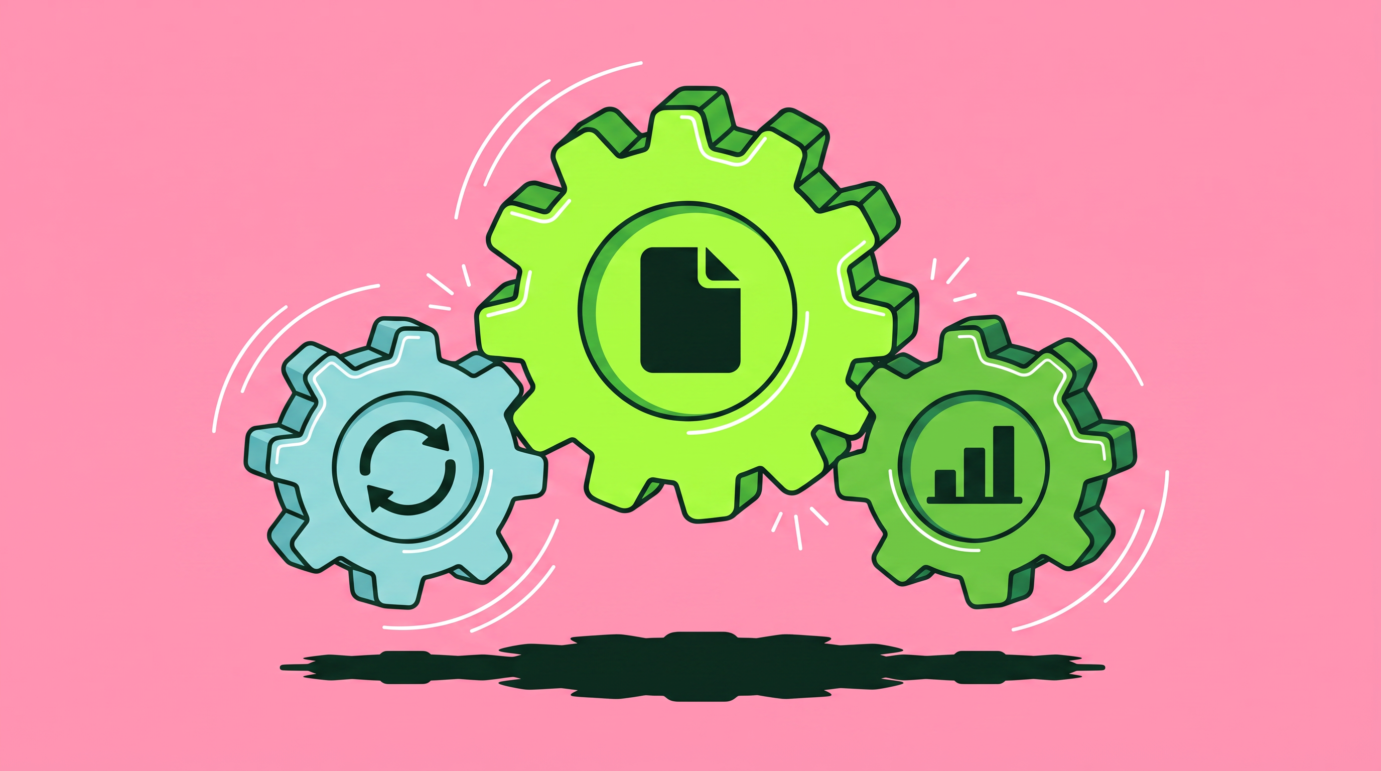 Three interlocking gears representing the three layers of an agentic CMS: content creation, workflow orchestration, and performance optimization
